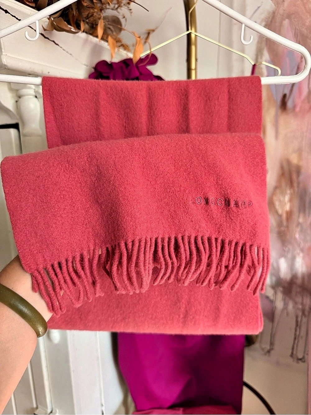 Longchamp Pink Merino Wool Cashmere Scarf